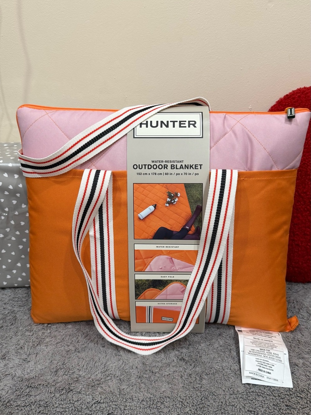 Hunter Pink and Orange Striped-Handle Outdoor Blanket Tote